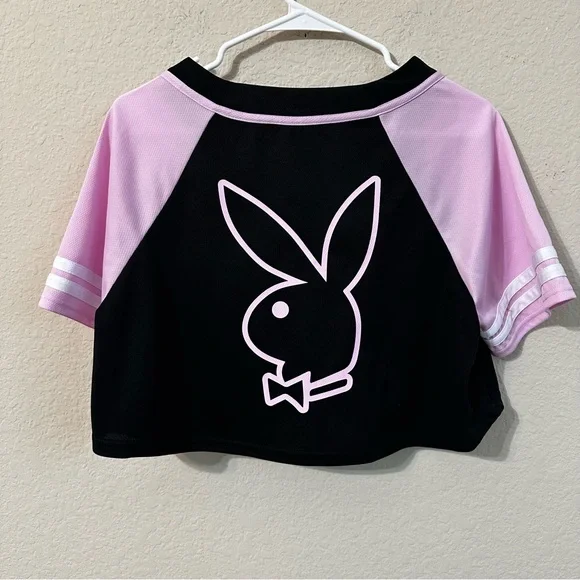 Playboy Crop Top Black Pink Baseball Shirt Jersey Raglan Bunny Logo Retro - Picture 3 of 3